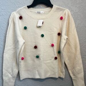 White sweater with tiny colored fashion balls created by 89th + Madison